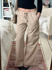 LIZAKOSHT  -  Casual Basic Solid Big Pockets Wide Leg Pants Loose Bandage Low-Waisted Straight Pants Women Autumn Spring Fashion
