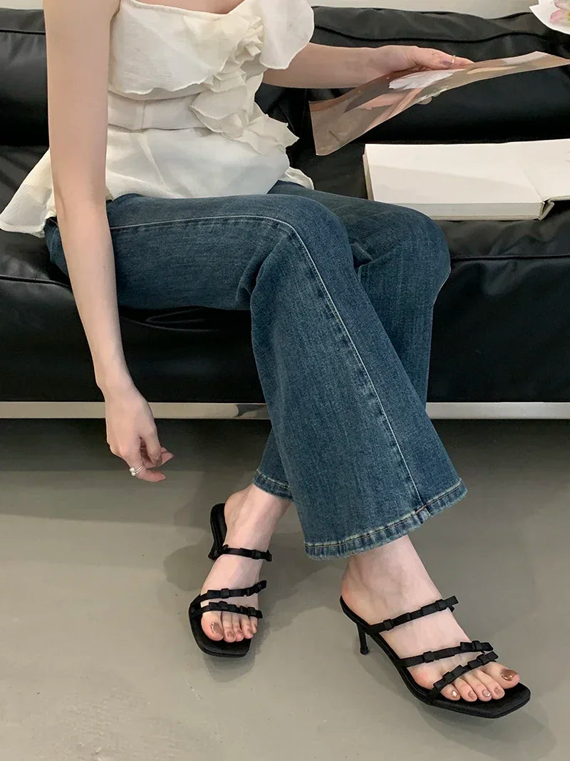 LIZAKOSHT  -  Leopard Narrow Strap Women Slippers 2025 Summer Fashion Party Thin Heel Satin Slide Sandals Sexy Square Toe Bowknot Mule Shoes