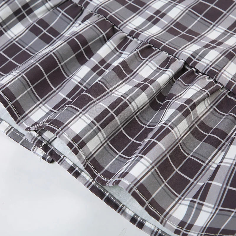 LIZAKOSHT  -  Women Plaid Folds Square Collar Y2K T-shirt Sweet Style Flying Sleeve Buttons Fitted Crop Top Cute Fashion Streetwear