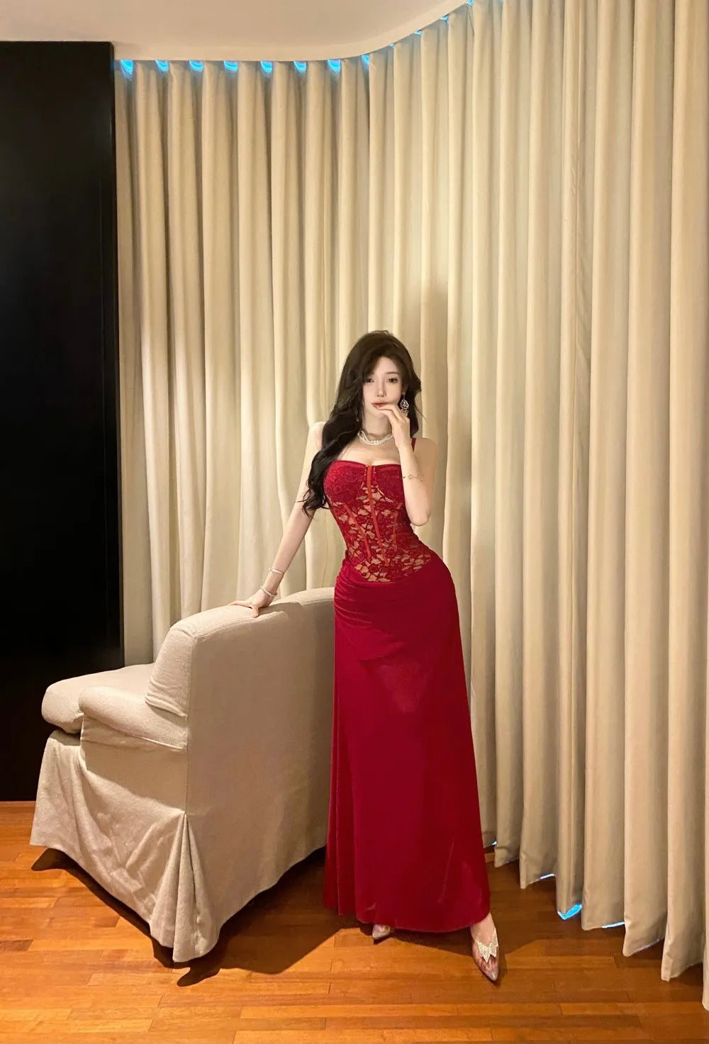 LIZAKOSHT  -  Women's Pure Desire Wind Red Lace Waist Dress Dress