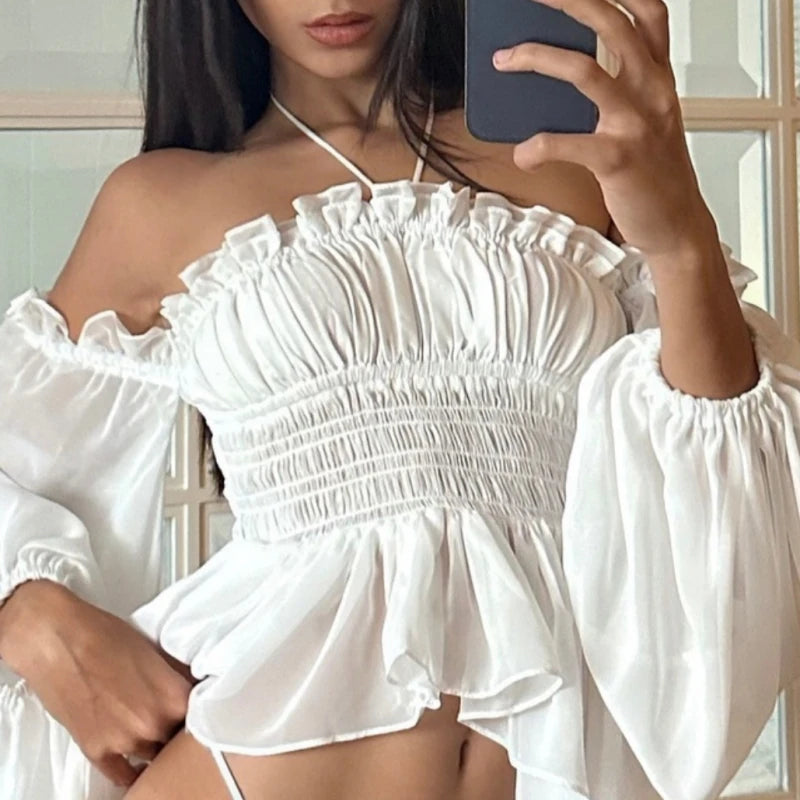 LIZAKOSHT  -  Off Shoulder Ruffles Sexy Lantern Long Sleeve Halter Backless Fashion All-match Crop Tops Y2K Summer Streetwear Blouses