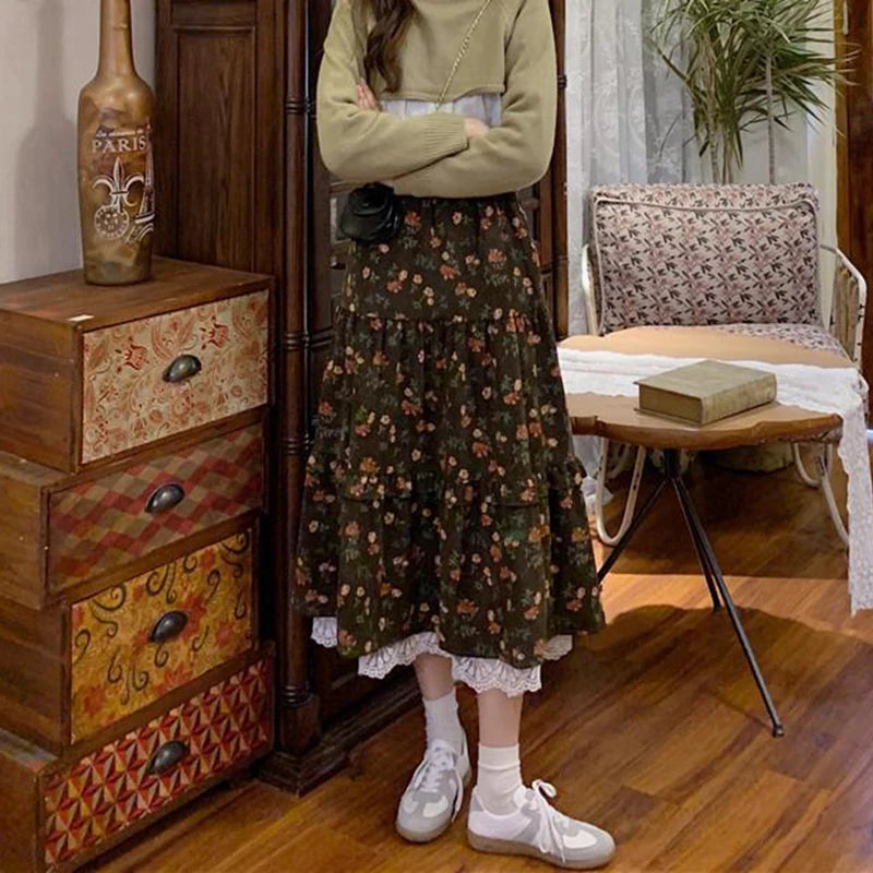 LIZAKOSHT  -  Vintage Floral Midi Skirt Women Lace Patchwork High Waist A Line Loose Casual Skirts Fall Winter Retro Harajuku Elegant Skirt