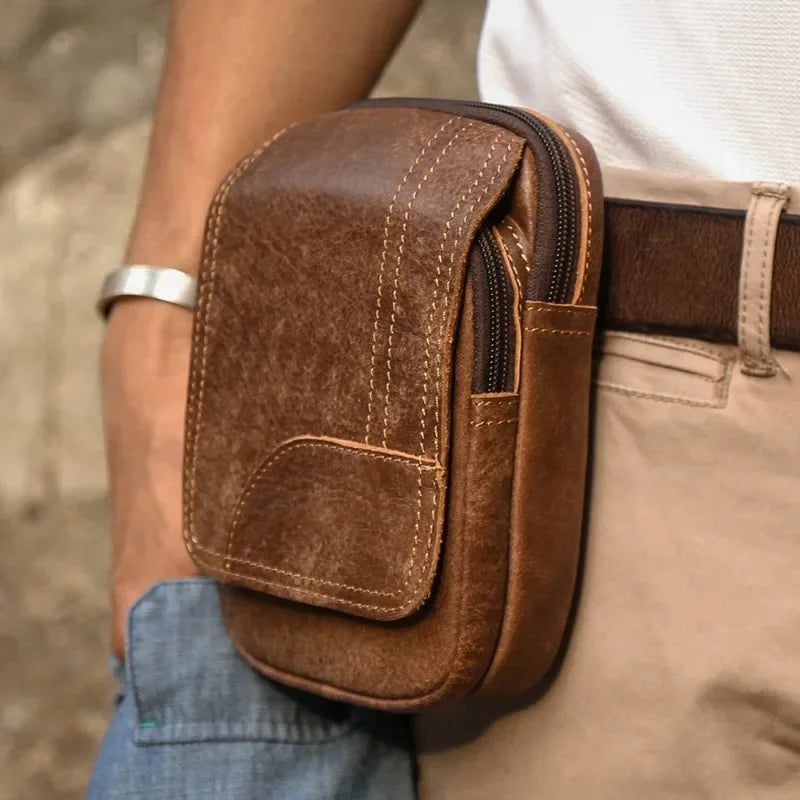 LIZAKOSHT  -  Vintage Genuine Leather Cowhide Waist Packs Men Multi Pockets Purse Zipper Belt Pouch for Outdoor Hanging Phone Bags