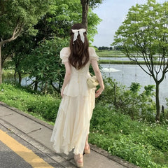 LIZAKOSHT  -  Summer Chiffon Fairy Dress Women Short Sleeve Vintage Midi Long Elegant Korean Fashion Clothing Beige Pink Tierred Dresses Party