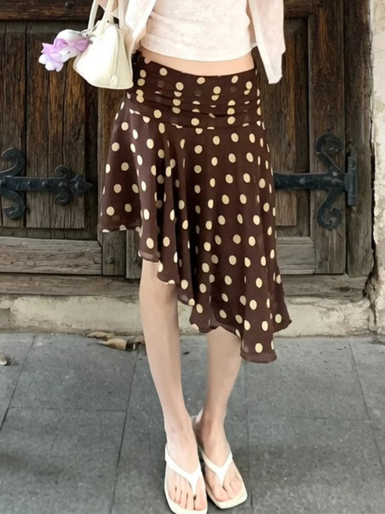 LIZAKOSHT  -  Vintage Dot Print Mini Skirt For Women Summer High Waist Folds Asymmetry Skirts Street Fashion Party Club Casual Skirt New