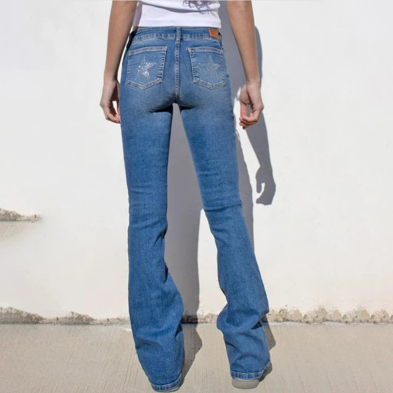 LIZAKOSHT  -  High quality design slim fit denim pants floor-length pants back pockets diamond-studded star zipper jeans for women