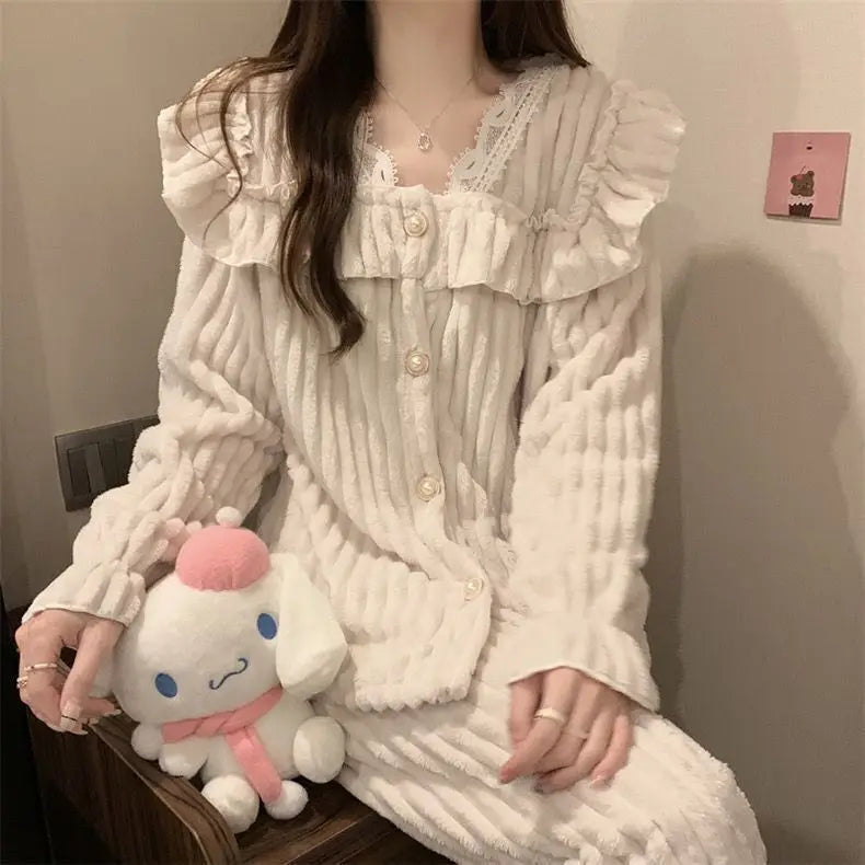 LIZAKOSHT  -  Coral Fleece Pajamas Sets for Women Plush Soft Warm Square Collar Lace Sweet  2 Piece Bow Tie Elegance Thickened Warm Homewear