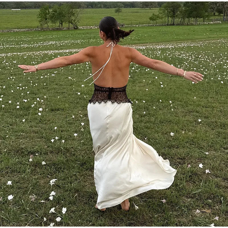 LIZAKOSHT  -  Patchwork Lace Long Dress For Women Deep V-neck Halter Sleeveless Draped Backless Robe 2025 Summer Elegant Female Party Dresses