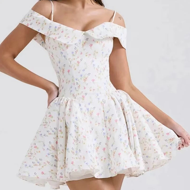 LIZAKOSHT  -  Elegant Women Sweet Floral Print Sexy Off Shoulder Dress Low Waist Summer Ladies Party Mini Dresses