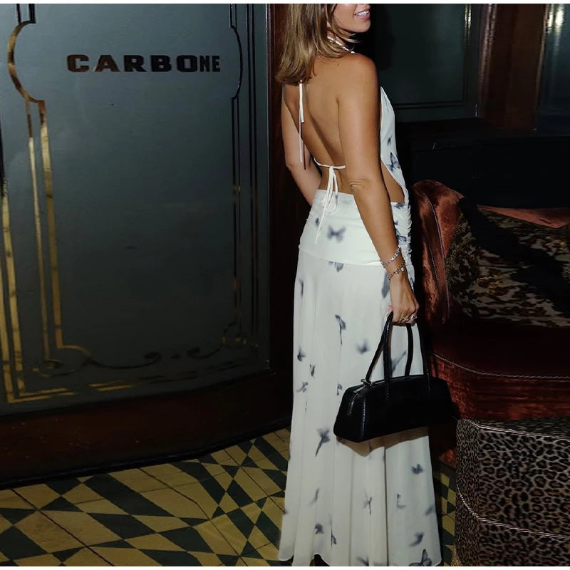 LIZAKOSHT  -  Sexy Printed Halter Long Dresses Women Fashion Sleeveless Backless High Waist Slim Maxi Dress 2025 Lady Summer Chic Casual Robes