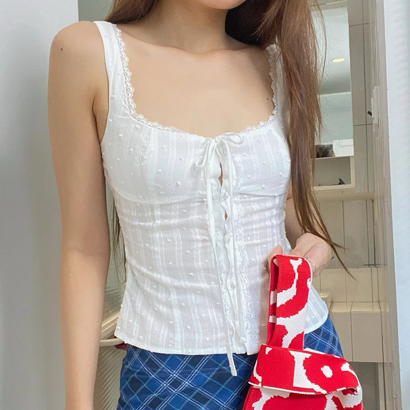 LIZAKOSHT  -  Textured Fabric Lace Trim Tank Top Elegant Tie-up Bow Single-breasted Sleeveless Tops French Style Slimming Camisole