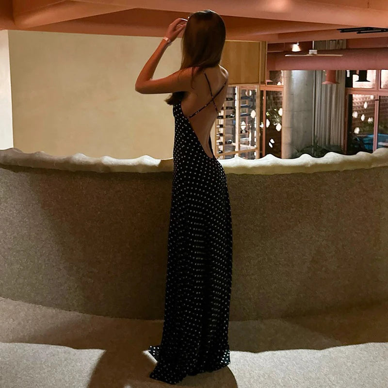 LIZAKOSHT  -  Temperament Vintage Polka Dot Print V-neck Open Back Sleeveless Long Dress With Ribbon Women's Vacation Party Vestidos