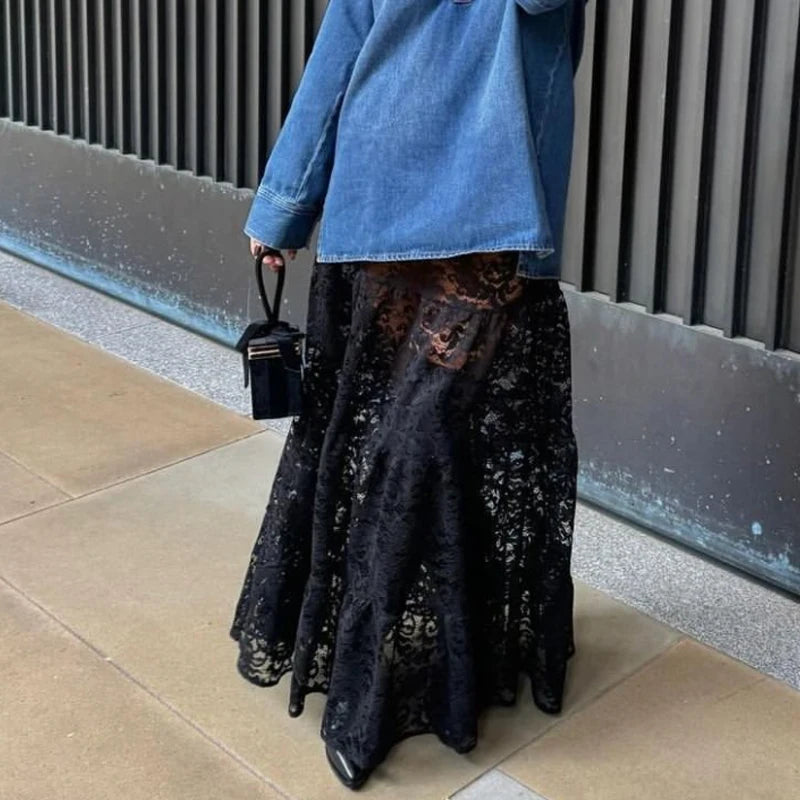 LIZAKOSHT  -  Y2k Vintage Floral See-Through Maxi Skirt Aesthetic Clothes Lace Sheer A-Line Skirt Women High Street Beach Vacation