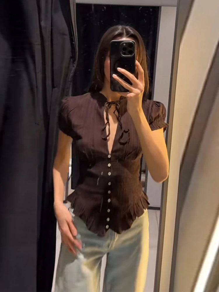 LIZAKOSHT  -  Solid Black Ruched Front Tie Blouse Puff Short Sleeve Peplum Hem Spring Romantic Women Chiffon Top Fashion Sweet Lady Shirt