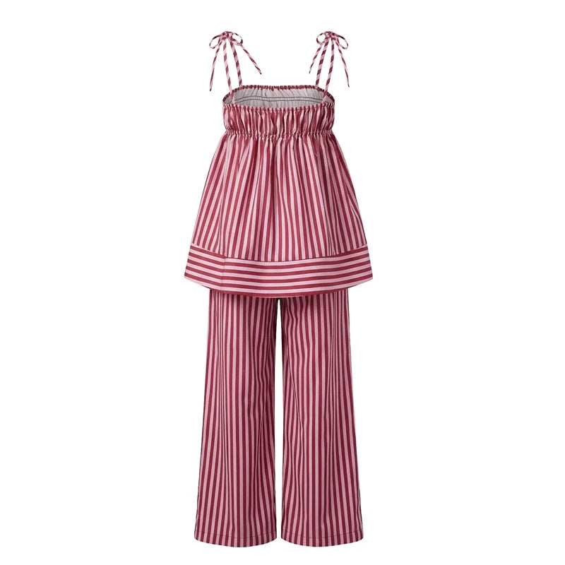 LIZAKOSHT  -  Women Summer Striped 2 Piece Outfits Casual Sleeveless Tie Strap Babydoll Tank Top Pants Sets Sleepwear Y2K Lounge Matching Suit