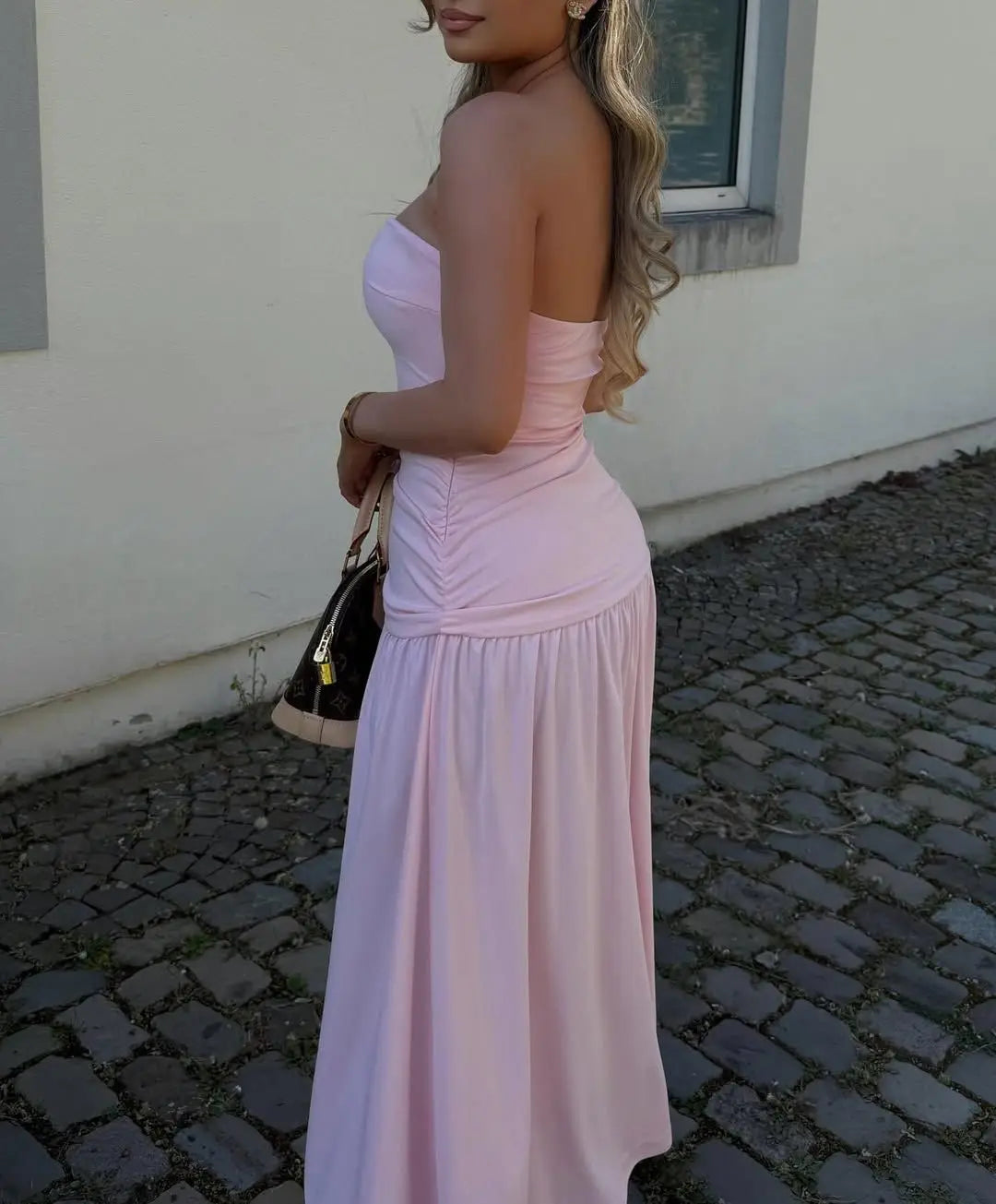 LIZAKOSHT  -  Elegant Ruched Strapless Dress Women Sexy Pastel Pink Off Shoulder Side Zipper Midi Dress 2025 New Summer Party Evening Dresses