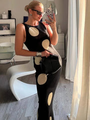 LIZAKOSHT  -  Retro Large Polka Dots Sleeveless Dress Women Chic Round Neck Off-shoulder Slim Midi Dresses Lady Holiday Street Vestidos