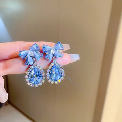 Lizakosht Minar Luxury Shiny Blue Color Crystal Rhinestones Bowknot Water Drop Earring for Women Hanging Dangle Earrings Bridal Jewelry
