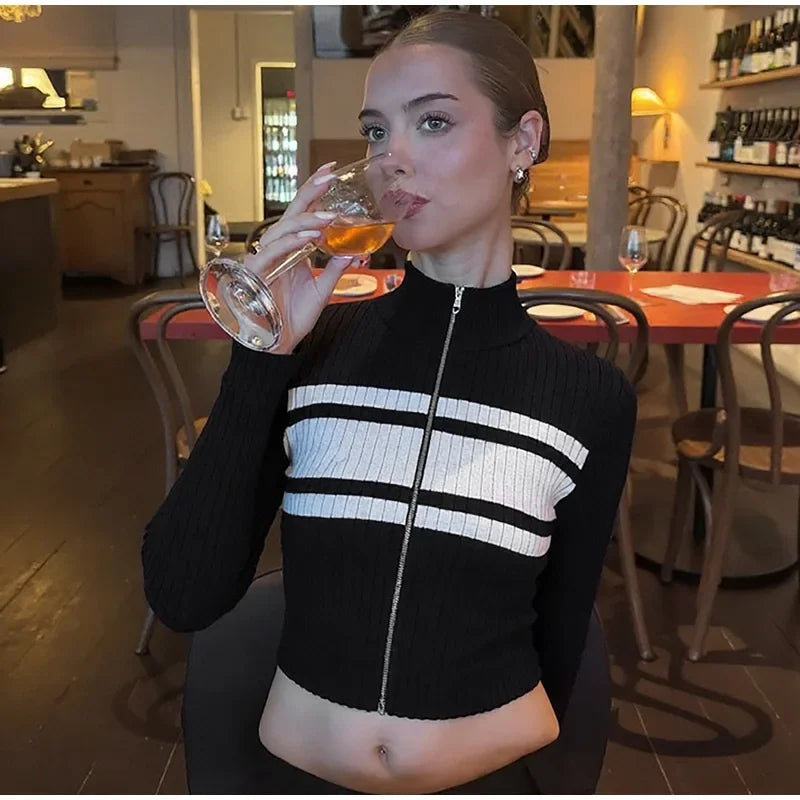 LIZAKOSHT  -  Casual Slim Contrast Knit Cardigan Women Chic Full Sleeve Stand Collar Zipper Short Sweaters Female 2026 Spring Lady Outwears