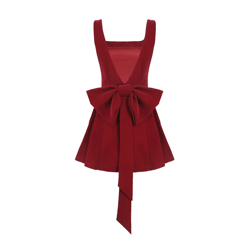 LIZAKOSHT  -  A-line Pleated Dress Party Holiday Red Backless Removable Bow Princess Dresses Coquette Aesthetic Mini Sundress Y2K