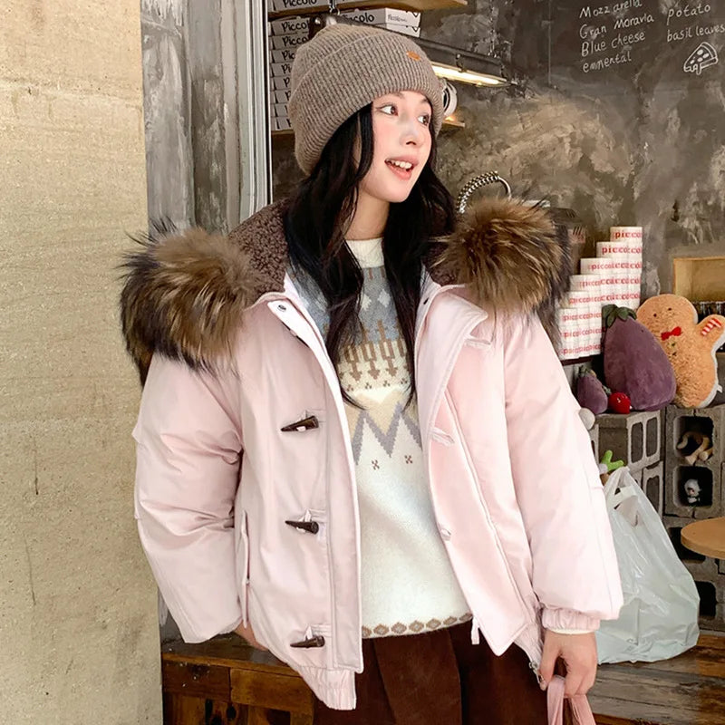 LIZAKOSHT  -  Women's Autumn Winter Top Coat Cotton Coat Fur Collar Horn Button Hood Thickened Warm Retro Comfortable Casual Niche Versatile