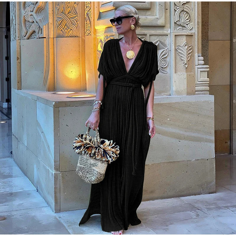 LIZAKOSHT  -  Fashion Halter Long Dress For Women Sleeveless Backless Draped Slip Lace Up Robe 2025 Summer Elegant Female Daily Beach Dresses