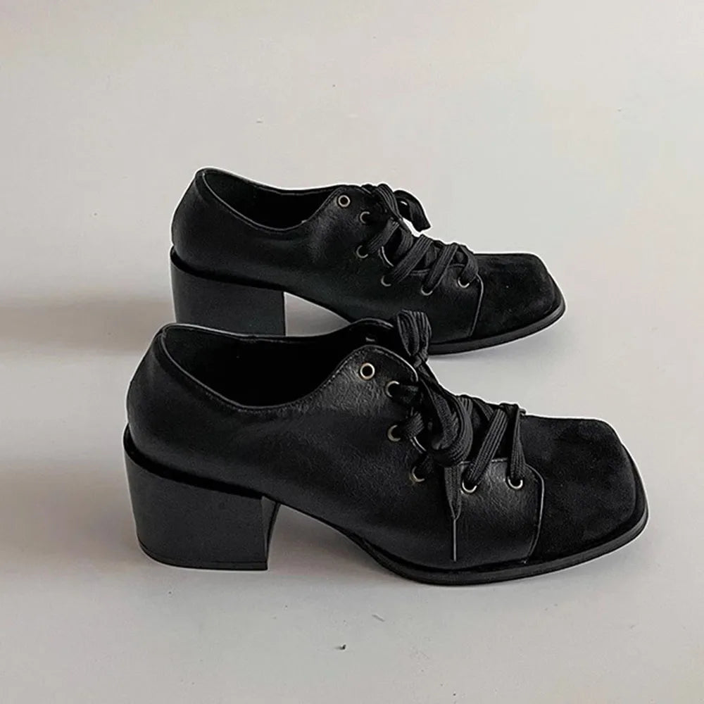 LIZAKOSHT  -  Vintage Brown maillard Style Casual Pumps Square Toe Patchwork Block Heels Lace-up Shoes Women