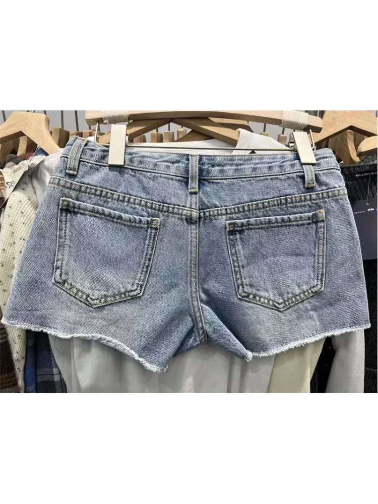 LIZAKOSHT  -  Casual Women Fashion Blue Washed Worn-out Ragged Denim Shorts Summer Vintage Solid Color Female Bottoms Mujer