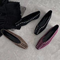 LIZAKOSHT  -  Square Toe Faux Suede Flats Women Comfort Rivet Design Shallow Mouth Loafers Vintage Soft Sole Designer Mary Jane Shoes