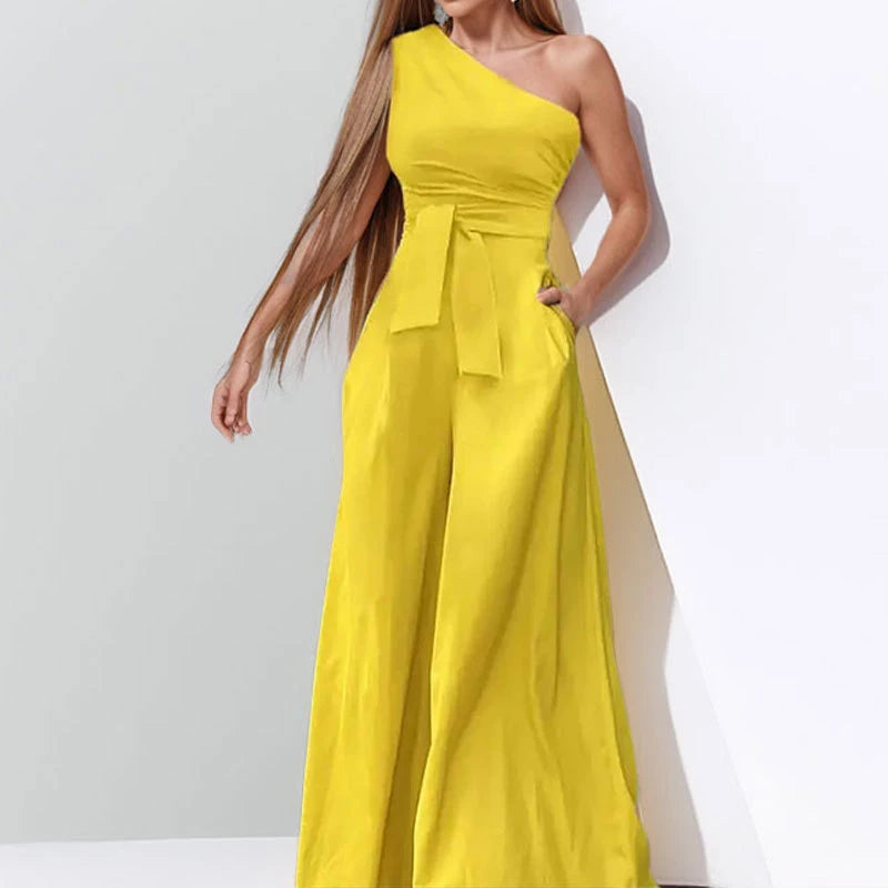 LIZAKOSHT  -  Elegant Diagonal Collar One-shoulder Solid Color High Waist Strappy Sleeveless Pocket Jumpsuit Wide Leg Pants Clubwear