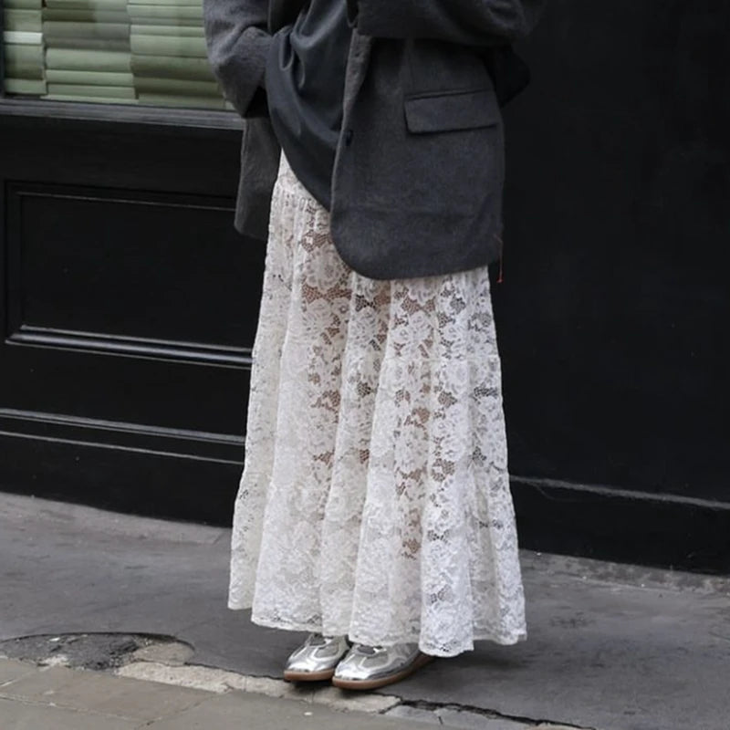 LIZAKOSHT  -  Y2k Vintage Floral See-Through Maxi Skirt Aesthetic Clothes Lace Sheer A-Line Skirt Women High Street Beach Vacation