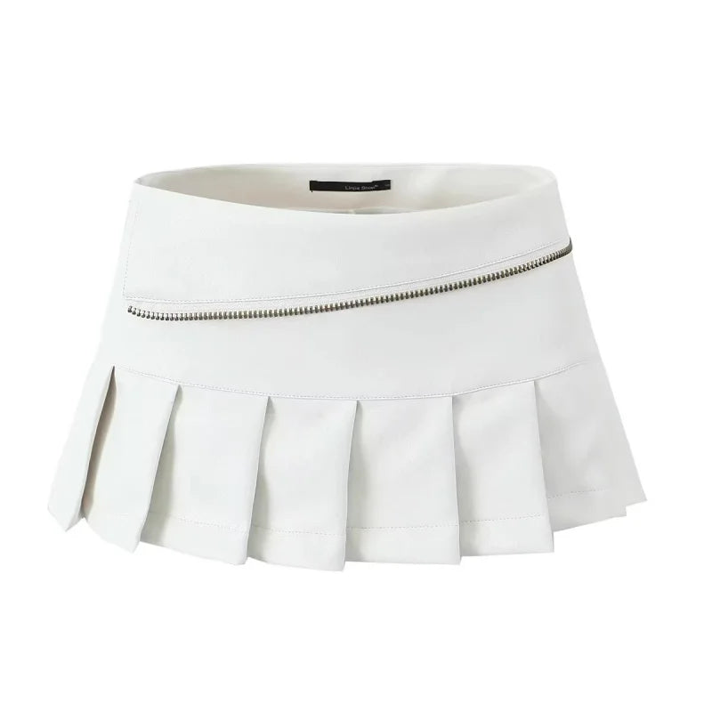 LIZAKOSHT  -  Y2K PU Leather Pleated Mini Skirt With Shorts Lining Women Sexy Zipper Summer Low Waist Short Coffee White Black