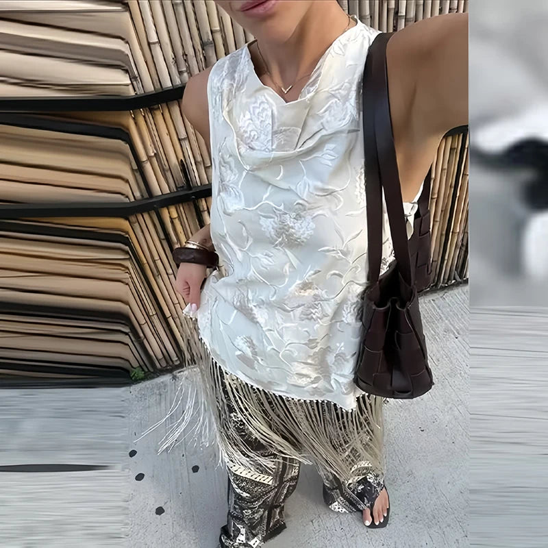 LIZAKOSHT  -  Elegant Tassel Splice Women Sleeveless Top Summer Fashion O-neck Hollow Out Loose Shirt Casual Crochet Simple Pullover Vest