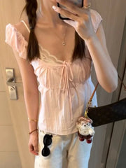 LIZAKOSHT  -  Kawaii Sweet Japanese Pink Lace Summer T-Shirts 2-piece Set Women's Fashion France Designer Loose Off Shoulder Tees Clothes New