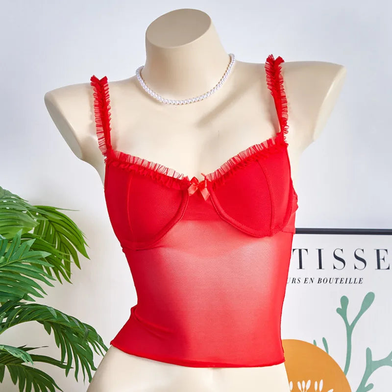 LIZAKOSHT  -  Women Leopard Print Lace Bow Edge Sexy Transparent Camisole Vest Retro Street Fashion Casual Top Daily Commuting Summer Vacation