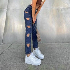 LIZAKOSHT -  Y2K Heart-shaped High-waist Straight-leg Cut-out Ripped Jeans Women's Korean Slim-fit Trousers Casual Pants Summer Streetwear