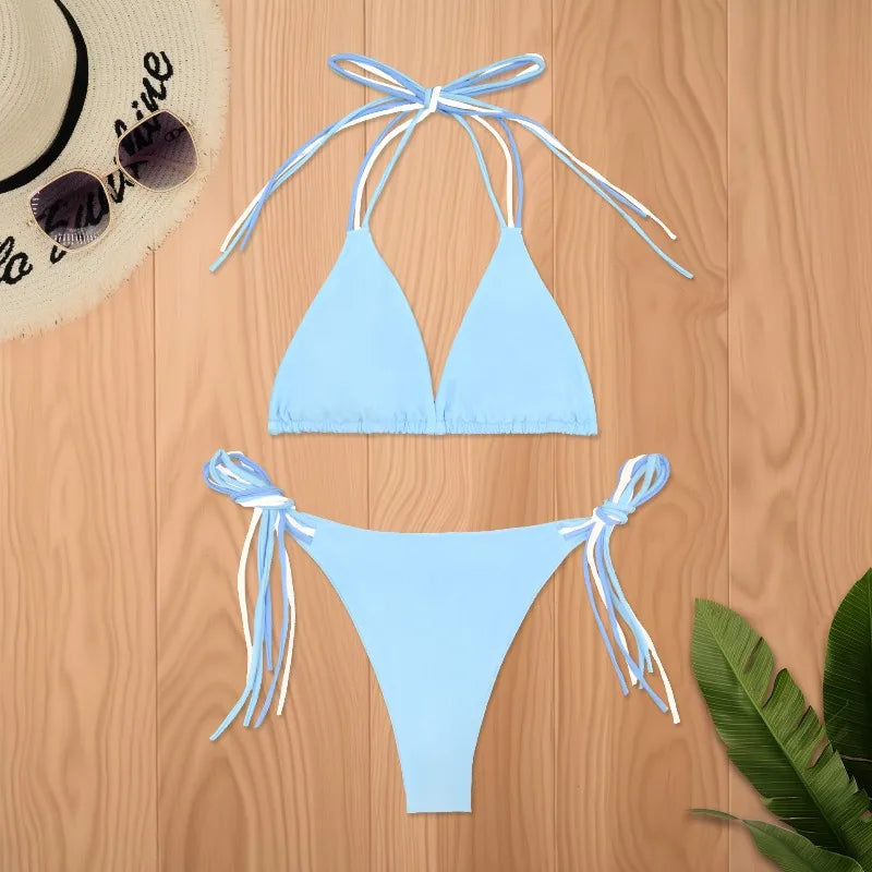 LIZAKOSHT  -  Sexy Bikinis Triangle Micro Swimwear Women Bathing Suit Pleated Blue Swimsuit Females Blue Bikini Sets Thong Biquinis