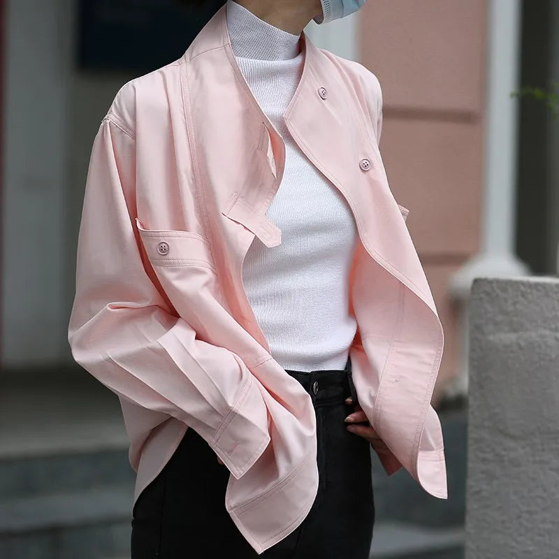 LIZAKOSHT  -  Autumn New Solid Pink Fashion Women Blouse Office Lady Slit Stand Collar Shirts Loose Casual Simple Female Coat Jacket