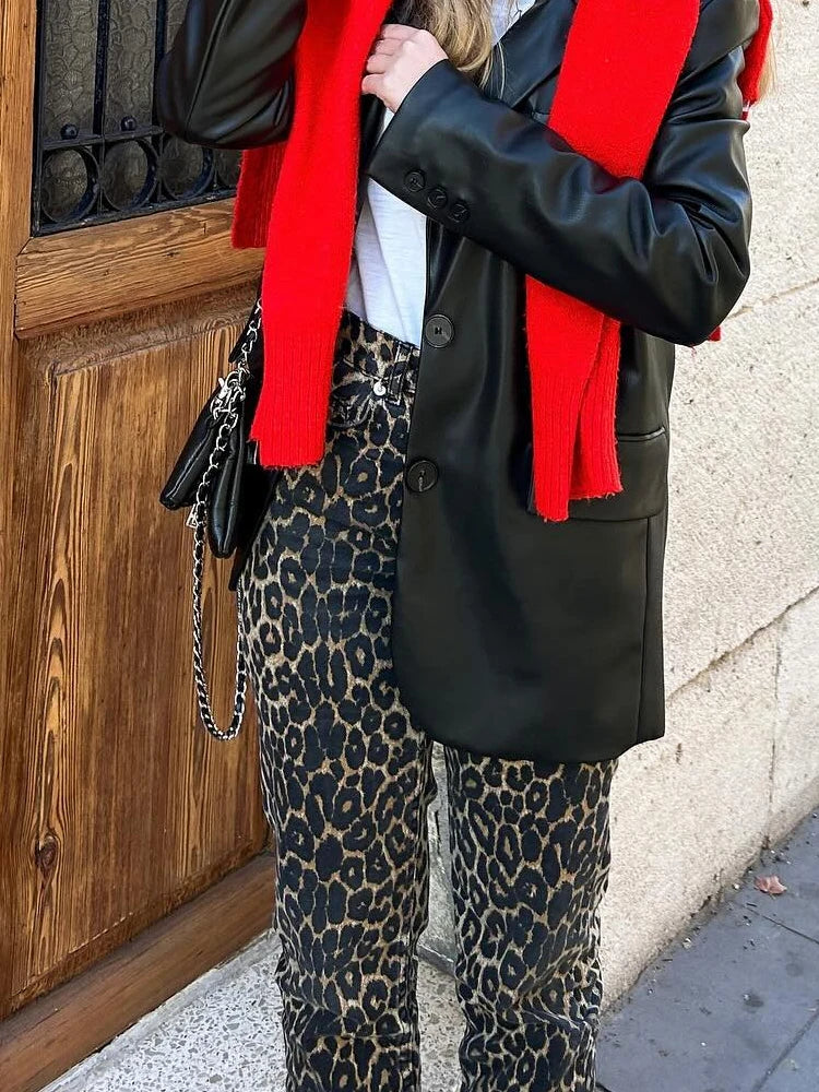 LIZAKOSHT  -  Fashion Leopard Print Long Pants For Women 2024 Spring Slim Single Button Pencil Trousers Female Chic High Waist Ladies Pants