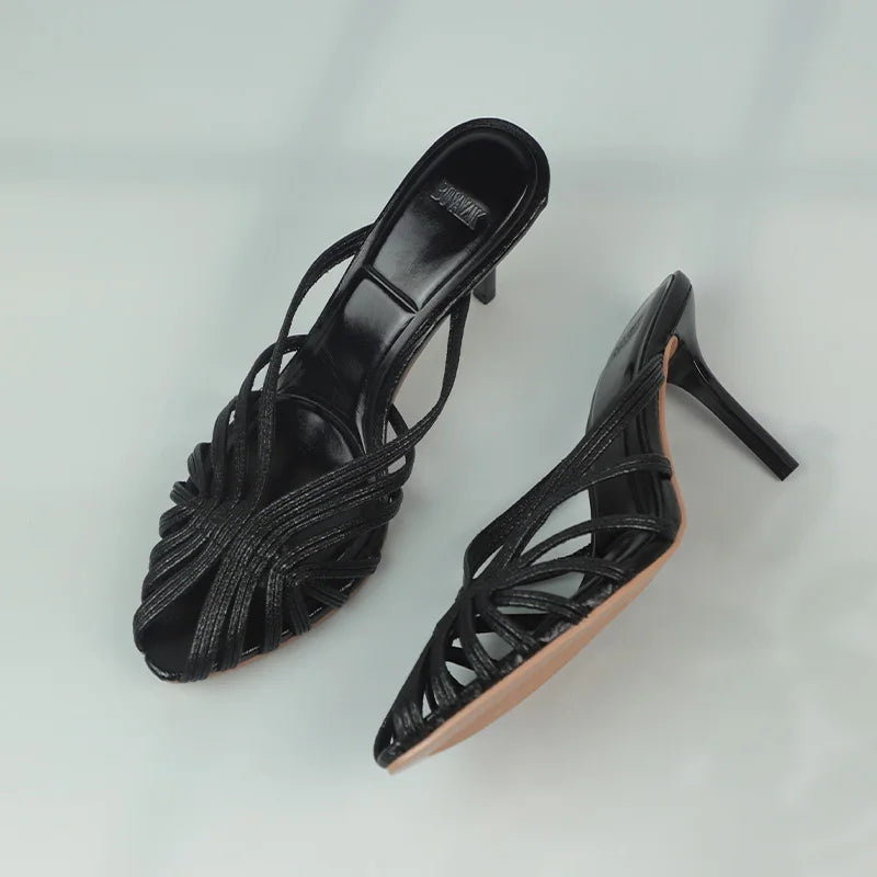 LIZAKOSHT  -  Summer Hollowed Out High Heels Mules Shoes for Women Luxury Golden Cross Woven Design Formal Party Brand Ladies Modern Sandals
