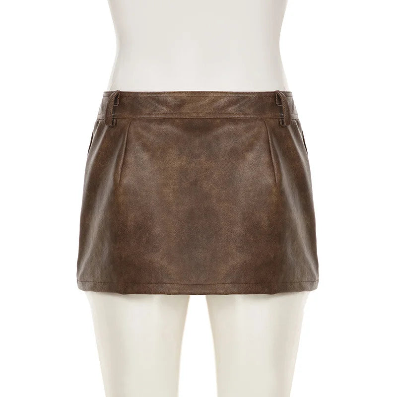 LIZAKOSHT  -  Y2k Brown Faux Pu Leather Low Waist Mini Skirts for Women Pockets Button Vintage Femme Club Streetwear Sexy Autumn Skirt