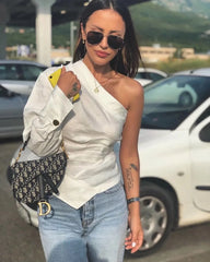 LIZAKOSHT  -  Fashion Women's One-shoulder Top Summer and Autumn Cotton and Linen Top Fashion Asymmetry Women's Casual Street Top New