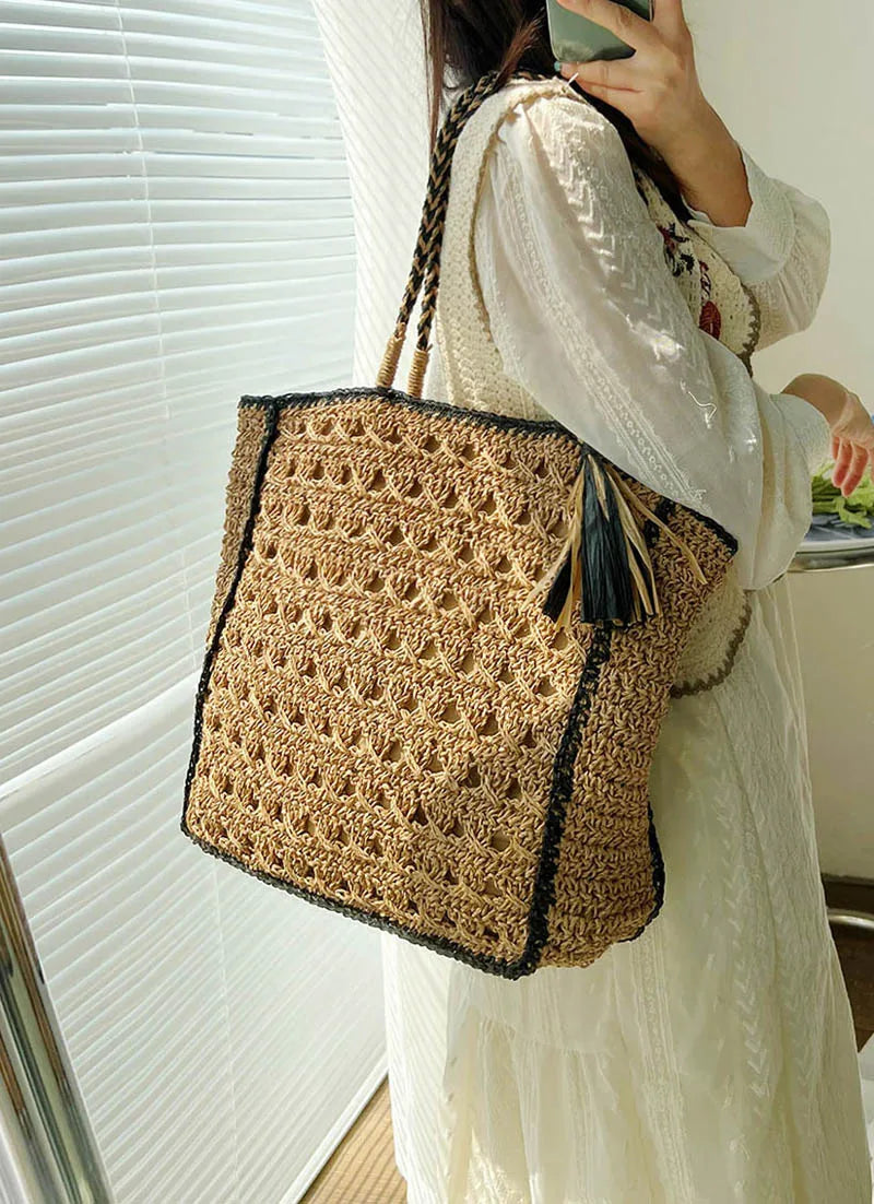 LIZAKOSHT  -  Mesh Crochet Beach Bags Women Hollow Out Straw Woven Tote Bag Seaside Vacation Square Knitted Handbag with Tassel