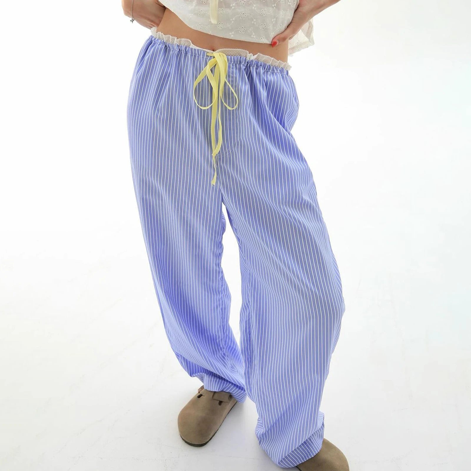 LIZAKOSHT  -  Women Wide Leg Pants Casual Loose Vertical Stripe Print Elastic Lounge Trousers with Pockets for Work Office Streetwear