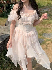 LIZAKOSHT  -  Women Sweet Pink Party Dress Female Puff Sleeve Ruffle Patchwork Princess Dress Lady Mesh Holiday Beach Cake Dress