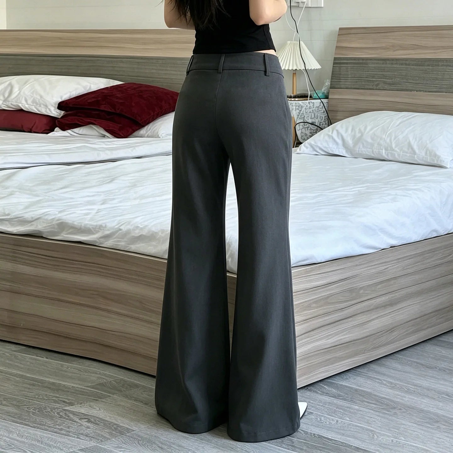 LIZAKOSHT  -  Y2K American Old Money Three Button Low Waist Slimming Slightly Flared Suit Pants Women Low Waist Loose Floor Hugging Wide Leg