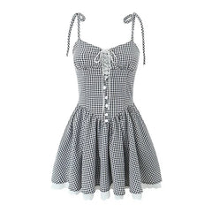 LIZAKOSHT  -  Sexy Elegant Women Lace Patchwork Front Bandage Sling Plaid Dress Low Waist Female Summer Mini Dress Party Robe