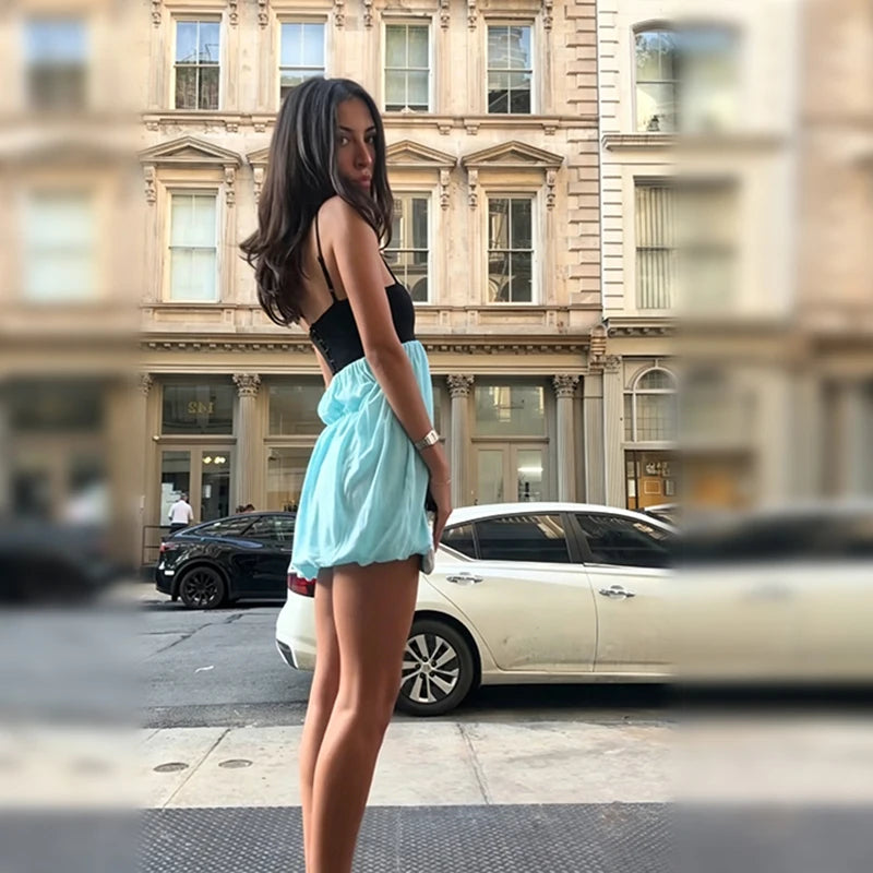 LIZAKOSHT  -  Fashion Sexy Women's Mini Sling Dress Color Blocking Sleeveless Ruched Fit Slim Bud Skirt NEW Summer Lady Party Dresses