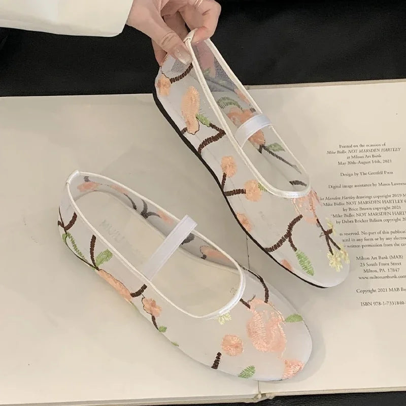 LIZAKOSHT  -  Mesh Embroidered Design Ballet Flats Womens Comfortable Round Toe Breathable Mule Sandals Casual Soft Bottom Beach Shoes Pumps