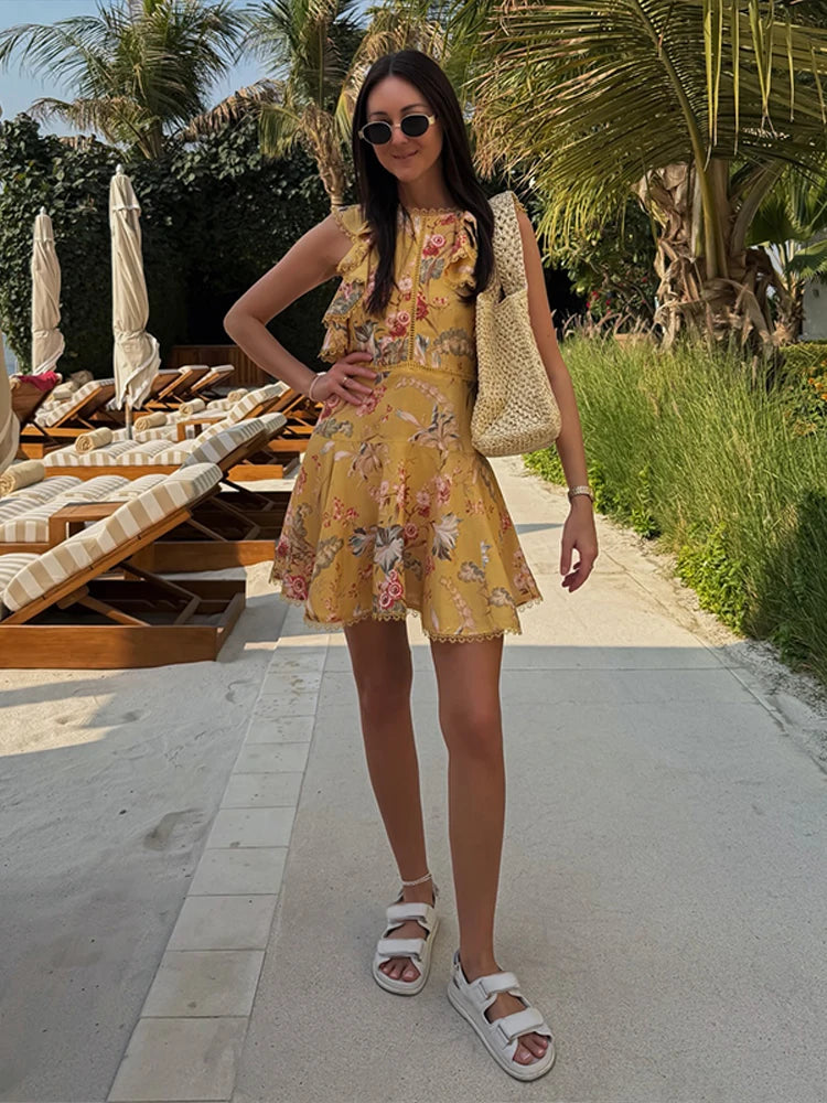 LIZAKOSHT  -  Fashion Yellow Floral Print Mini Dress For Women Casual O-neck Sleeveless Ruffle Trim With Lace Dress Lady Beach Vestidos